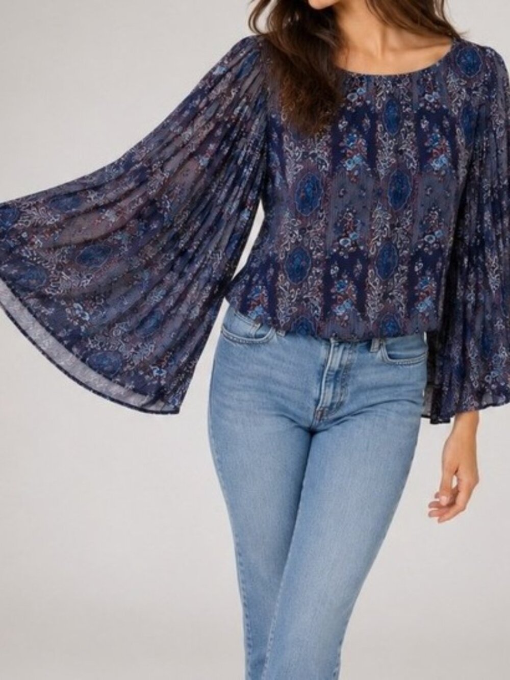 Fire Los Angelos Navy Boho Flutter Sleeve Round Neck Long Sleeve Top, Size Small